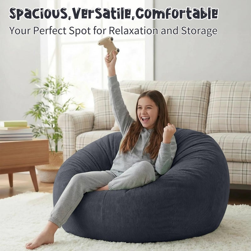 Nobildonna 3 ft Bean Bag Chair Cover (No Filler) 35"Ã—43" Large Stuffed Animal Storage Bean Bag Washable Big Beanbag Chair Cover Premium Corduroy Bean Bag Cover for Adults,Kids,Dark Grey 300L - Image 4